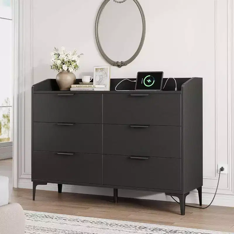 COZONY 47 Modern Dresser with USB Power Outlets, 6-Drawer Wooden Storage Chest for Bedroom & Living Room