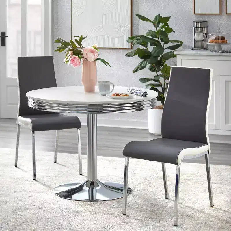 Buylateral 3pc Torrance Retro Dining Set with Padded Chair Seats and Highbacks White/Chrome Finish/Gray