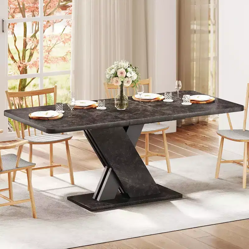 Expandable Dining Table, 4-8 Person Farmhouse Kitchen Table, 55-70.87 Wood Dining Table with X-Shaped Base, with Metal Track for Dining Room, Marble