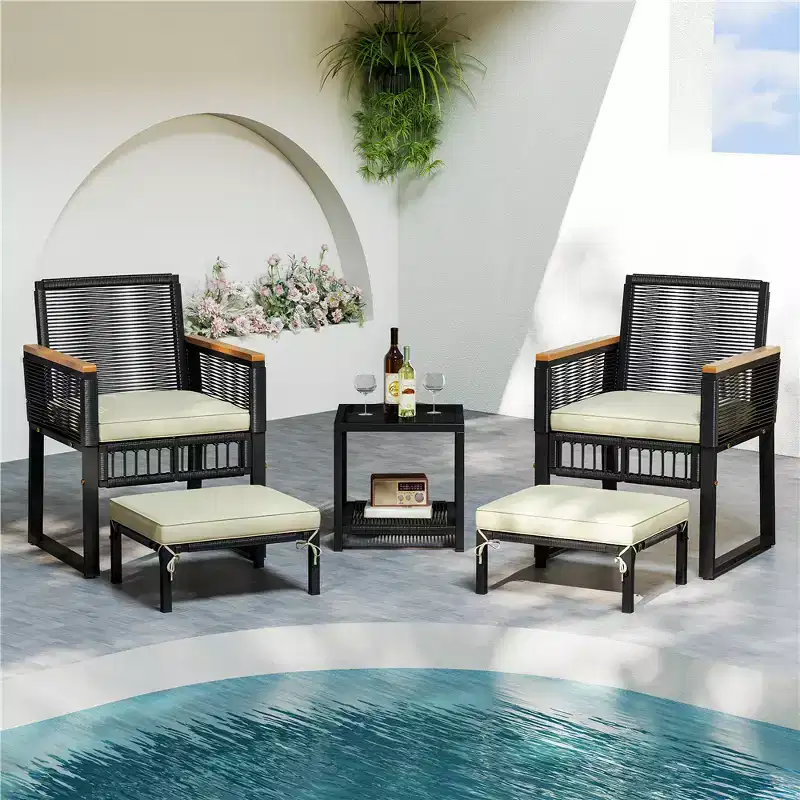 Yaheetech Set of 5 Wicker Rattan Patio Conversation Set with Chairs Table, Ottomans and Cushions for Garden, Balcony