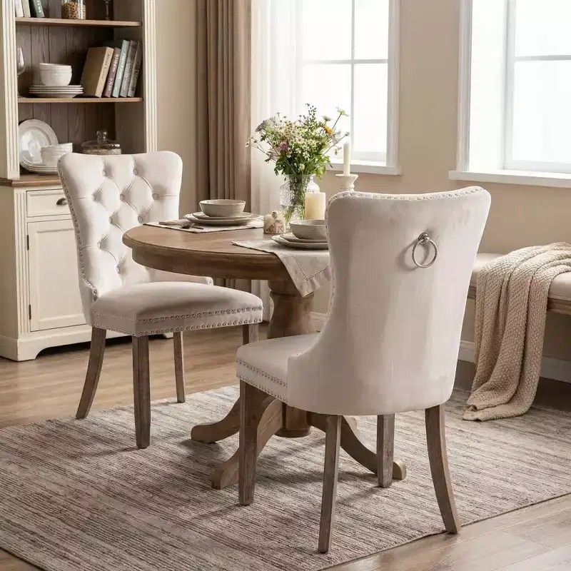 FurnitureR Set of 2 Upholstered Dining Chairs with Tufted Back, Nailhead Trim & Wooden Legs, French Cream Accent Chairs for Dining Room Living Room