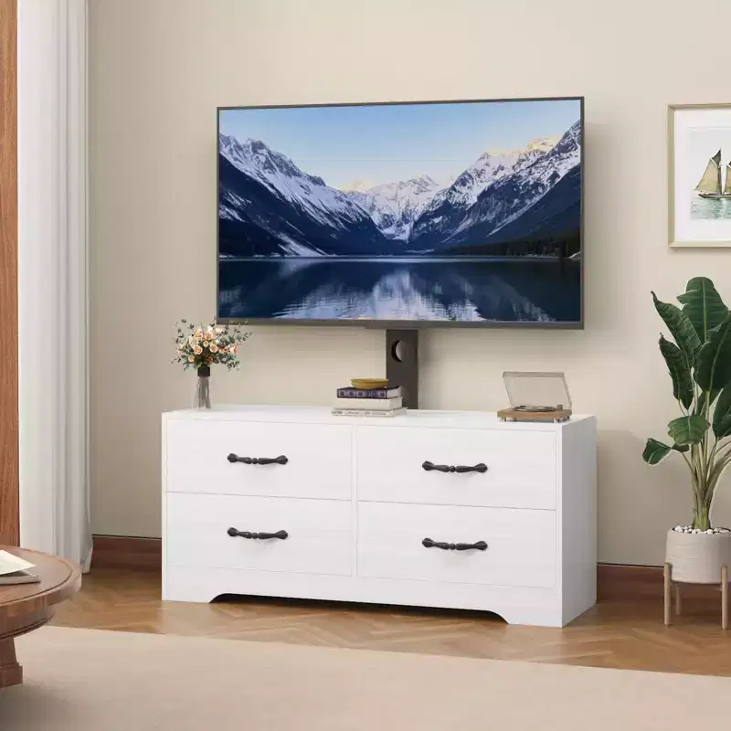 Modern Adjustable TV Stand Dresser for 32-85 Inch TVs, 4 Large Drawers & 6 Rattan Storage Drawers, Media Console for Living Room and Bedroom