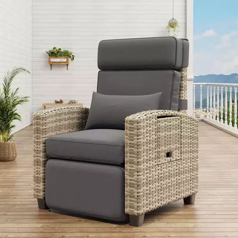 Outdoor Wicker Lounge, Adjustable 150 Reclining Rattan Patio Chair, All-Weather PE Wicker, invert-Up Side Table, Footrest, for Garden, Lawn