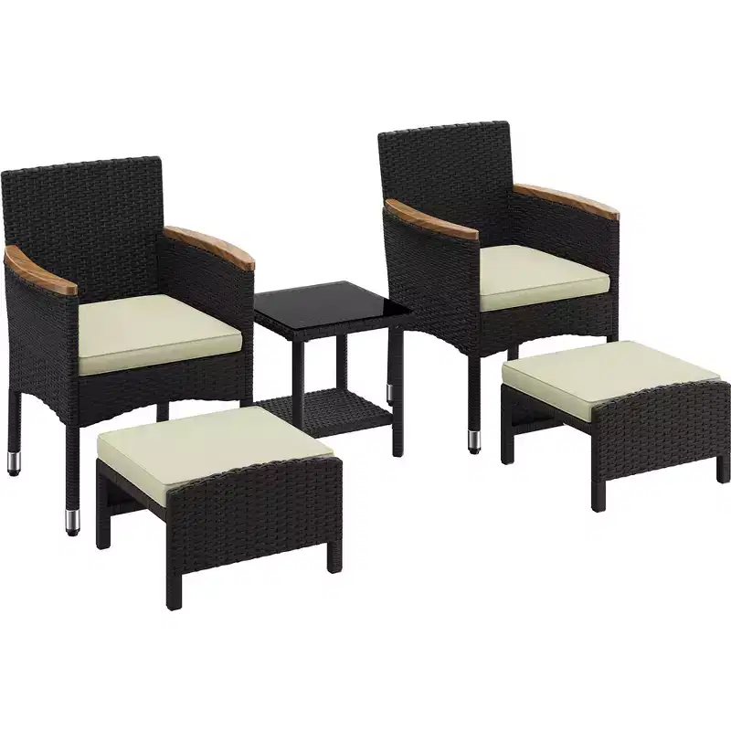 Yaheetech Set of 5 Patio Furniture Set wirh Cushioned Chair, Ottomans and Coffee Table for Garden