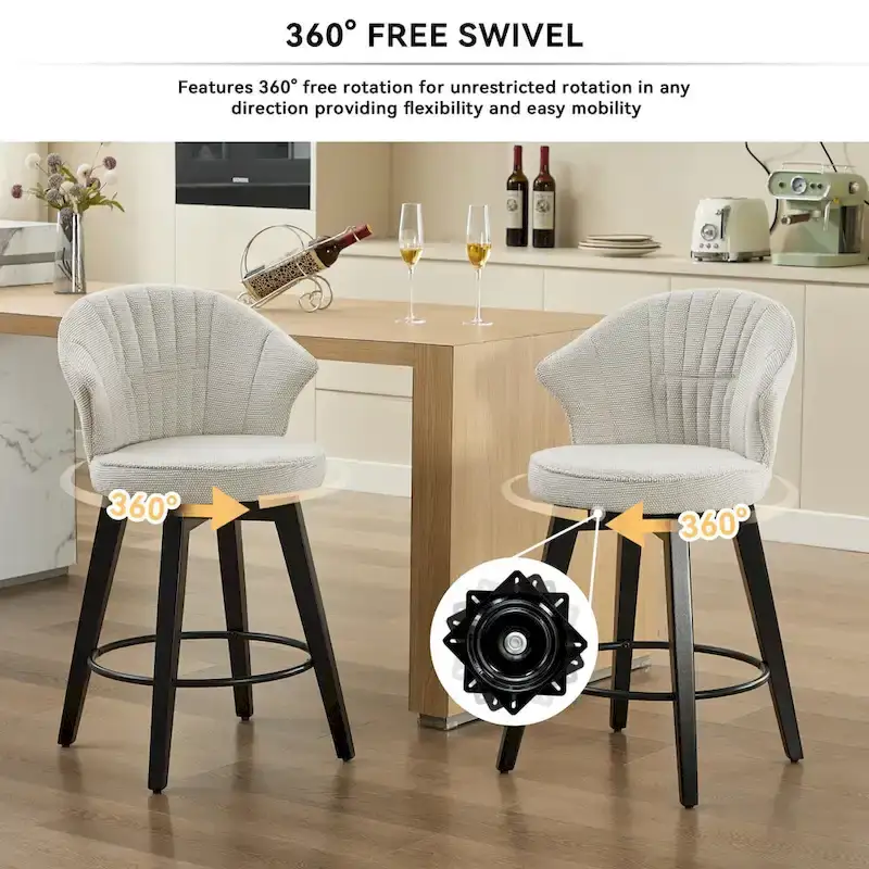 White / Blue / Dark Grey Swivel Bar Stools, Set of 2, Chenille Cushioned Counter Height Chairs with Metal Legs