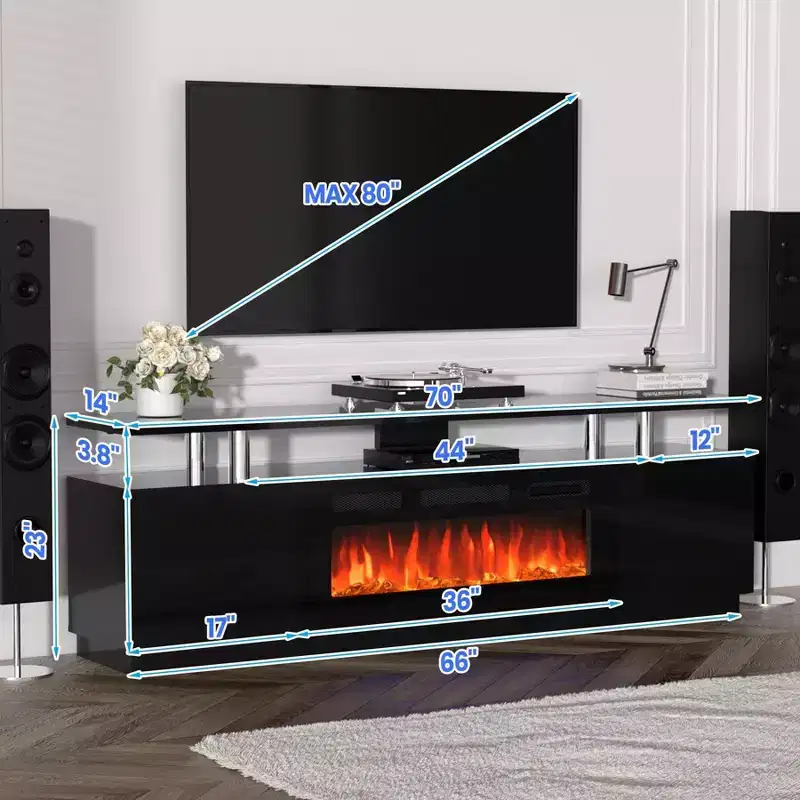 Modern Fireplace TV Stand with Dual Control, 12 Flame Colors, Ember Bed, Ample Storage, Cable Management  70 Media Console for Living Room, Black