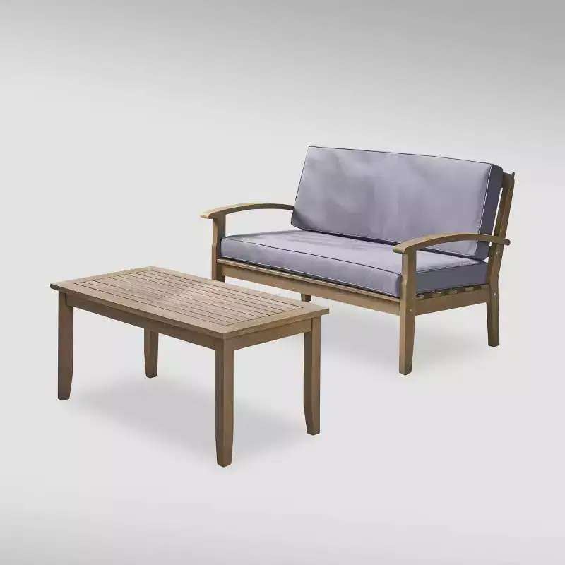 Peyton 2pc Acacia Wood Loveseat and Coffee Table Set: Weather-Resistant, Polyester Cushions - Christopher Knight Home