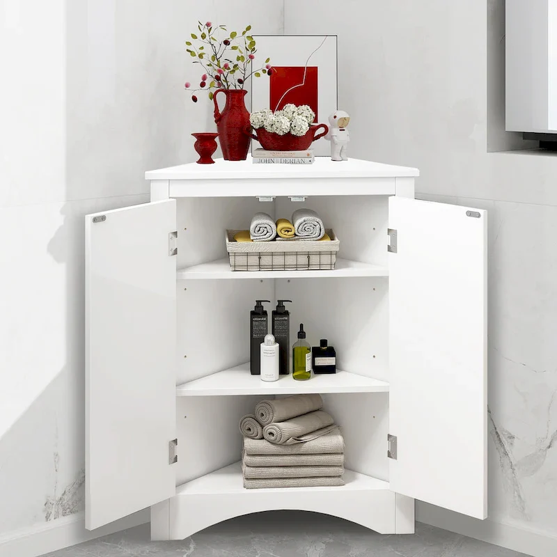 Corner Storage Cabinet with Adjustable Shelves and Doors