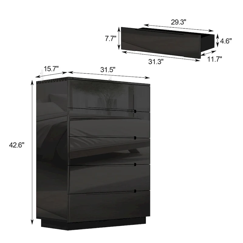 Wood 5 Drawer Chest Bedroom Dresser in White High Gloss With Light