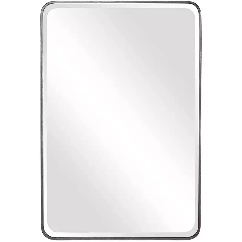 Rectangular Vanity Accent Wall Mirror Modern Curved Corner Beveled Silver Metal Frame 24 Wide for Bathroom Bedroom