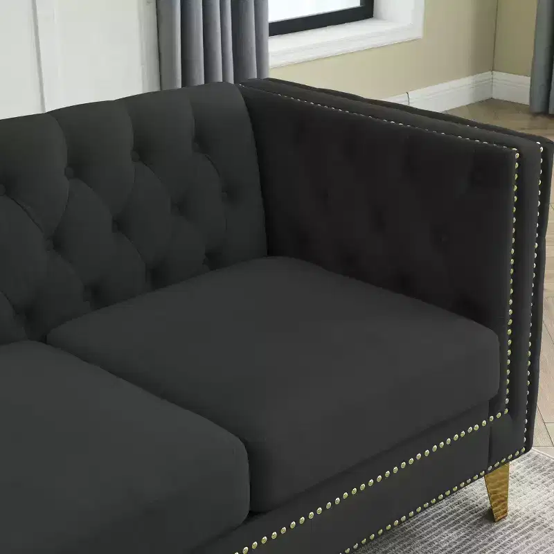Button-Tufted Velvet 2-Seater Sofa with Square Arms & Metal Legs, Nailhead Trim