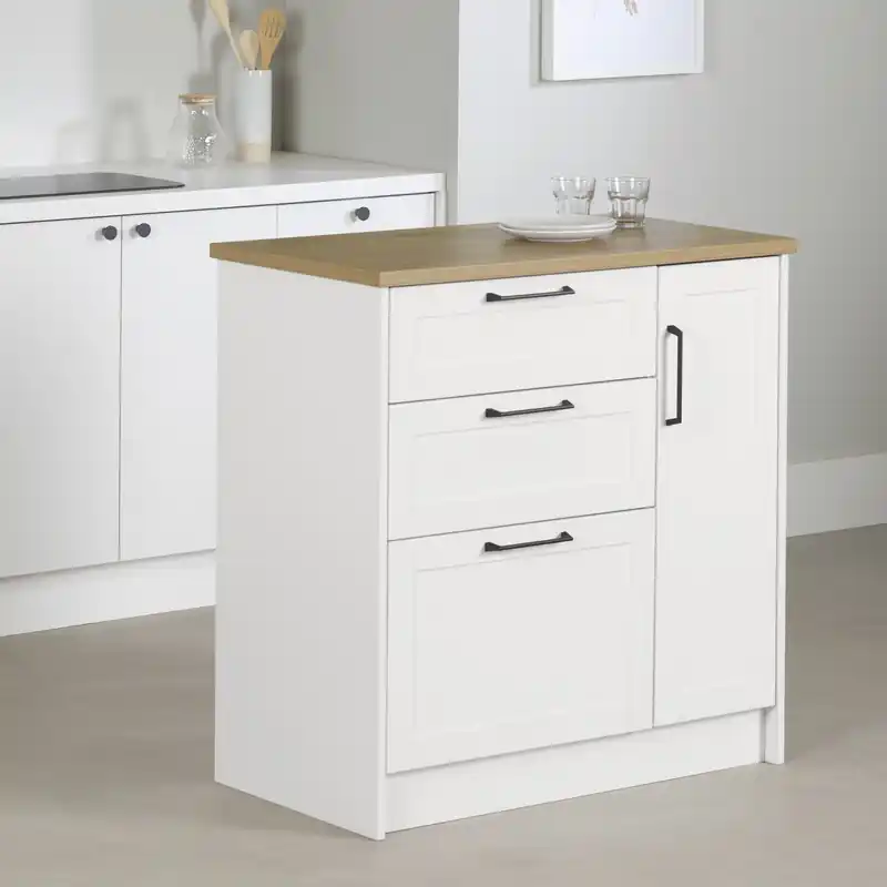 3-Drawer Kitchen Island with Door - White & Maple Nutmeg