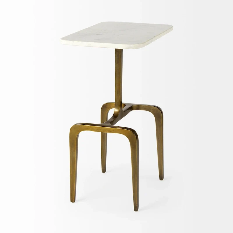 Preston White Marble Top w/Gold Metal Base Rectangular Accent Table - 17.3L x 11.3W x 22.8H