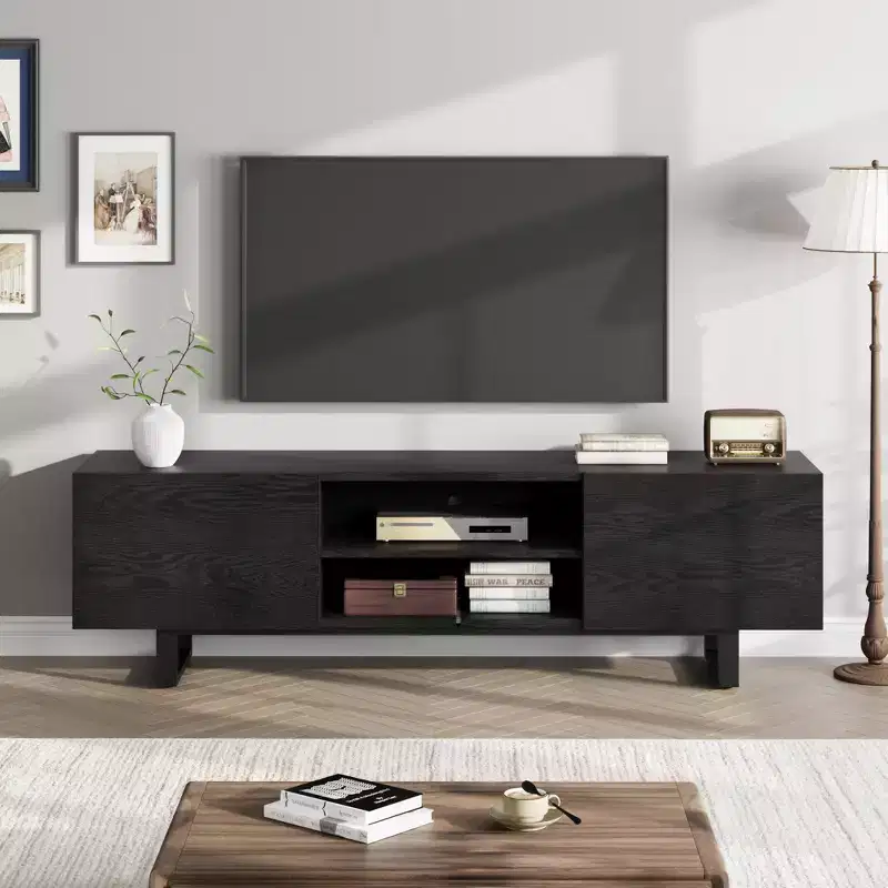 Garvee Industrial TV Stand for 80 Inch, Modern Entertainment Center with 2 Drawers, Wooden Media Cabinet with Heavy Duty Leg for Living Room, Black