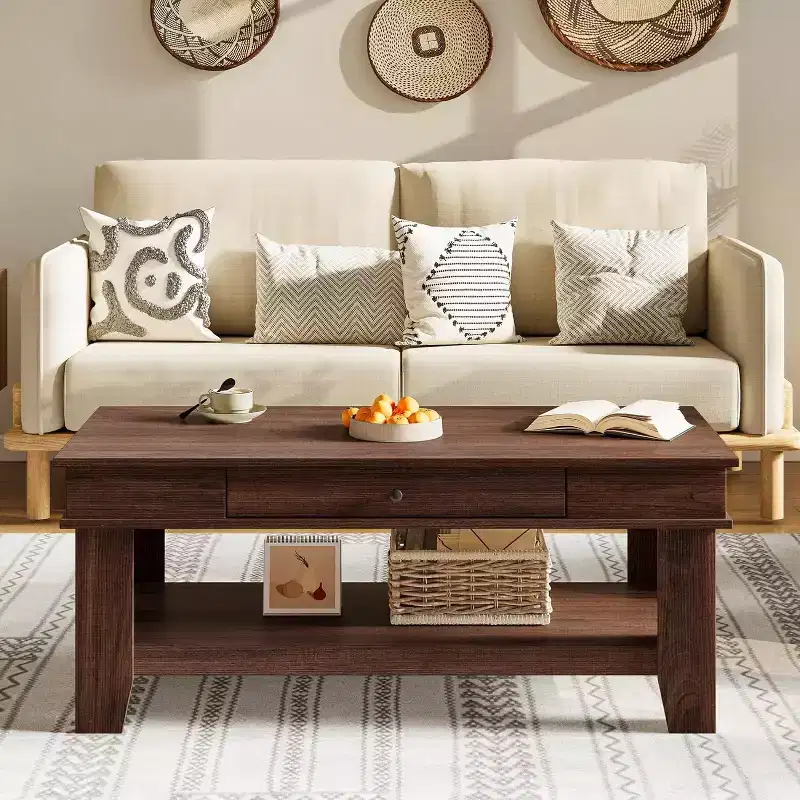 Rustic Rectangular Coffee Table with Sliding Drawer & Open Shelf, Farmhouse Style