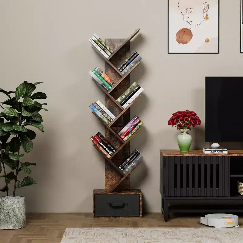 9-Tier Tree Bookshelf with Drawer – Rustic Brown, Free-Standing, for Living Room or Bedroom