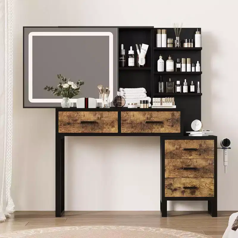 Dresser with Sliding Mirror and Light, 3 Lighting Modes, Large Bedroom Dresser with Charging Station / 5 Large Drawers / 3 Open Shelves, White &Gold