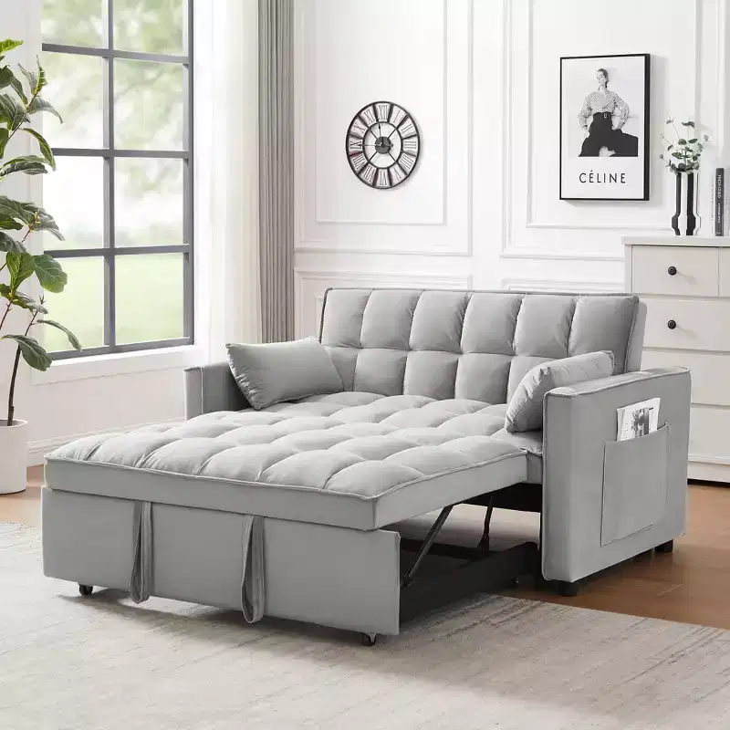 Modern Velvet Loveseat Futon Sofa with Toss Pillows Pockets for Living Room Bedroom Small Space Gray