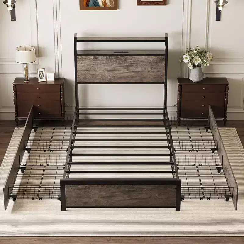 VINGLI Metal Platform with 4 Storage Drawers/Headboard/LED Lights/Charging Station, No Box Spring Needed, Easy Assembly, Wash Grey