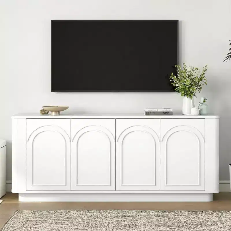 TV Stand for TVs up to 75/80inch, Modern Entertainment Center with Storage , Curved TV Media Console with Shelves for Living Room, White