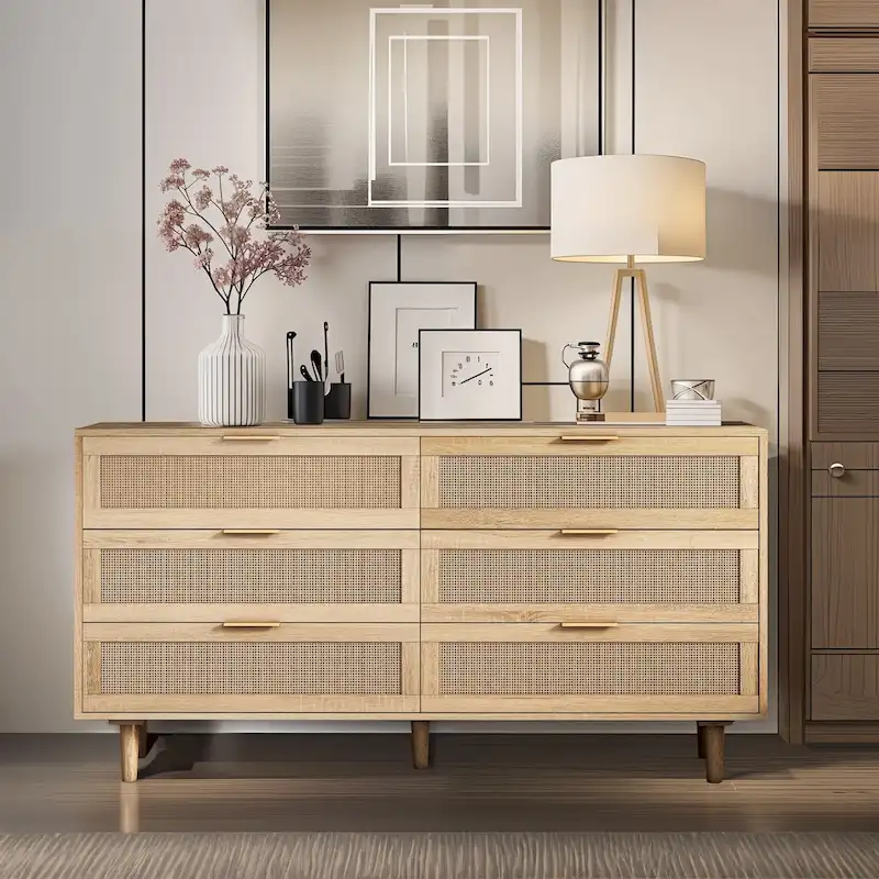6-Drawer Rattan Dresser – Natural / Black, MDF, Bedroom Storage