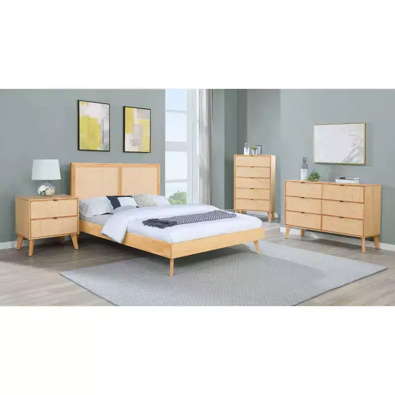 Boho Queen Platform Bed - Natural Finish, Rattan Cane Headboard