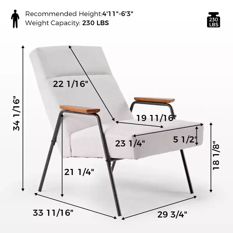 Upholstered Lounge Chair with Armrest, 120° Tilt & High-Density Foam Cushion, White Flannel