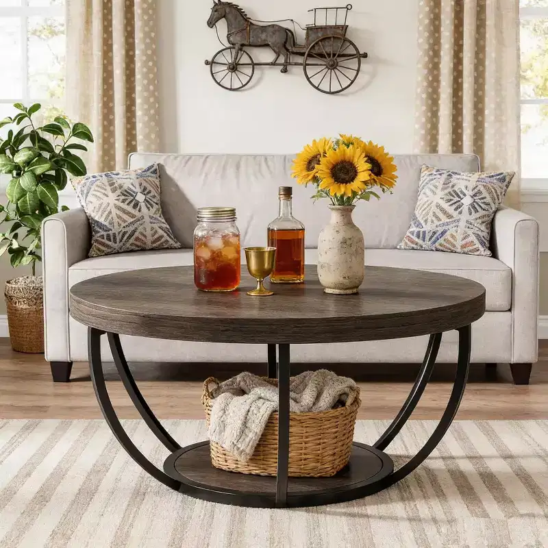 32-Inch Round Coffee Table, Farmhouse 2-Tier Wood Center Table with Storage Open Shelves for Living Room