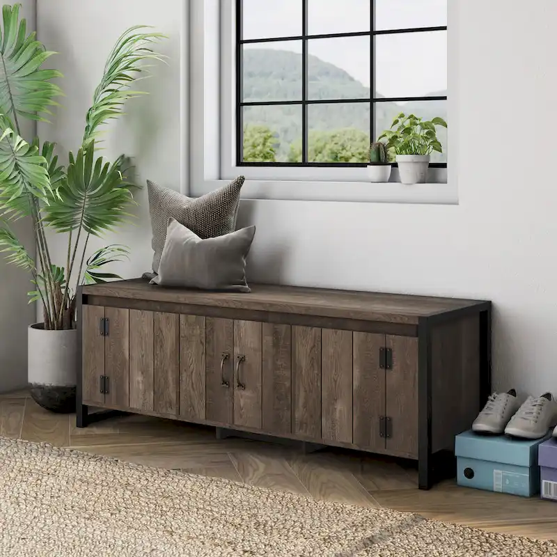 Reclaimed Oak Industrial Style Storage Bench with Cabinet, Single-User, 49