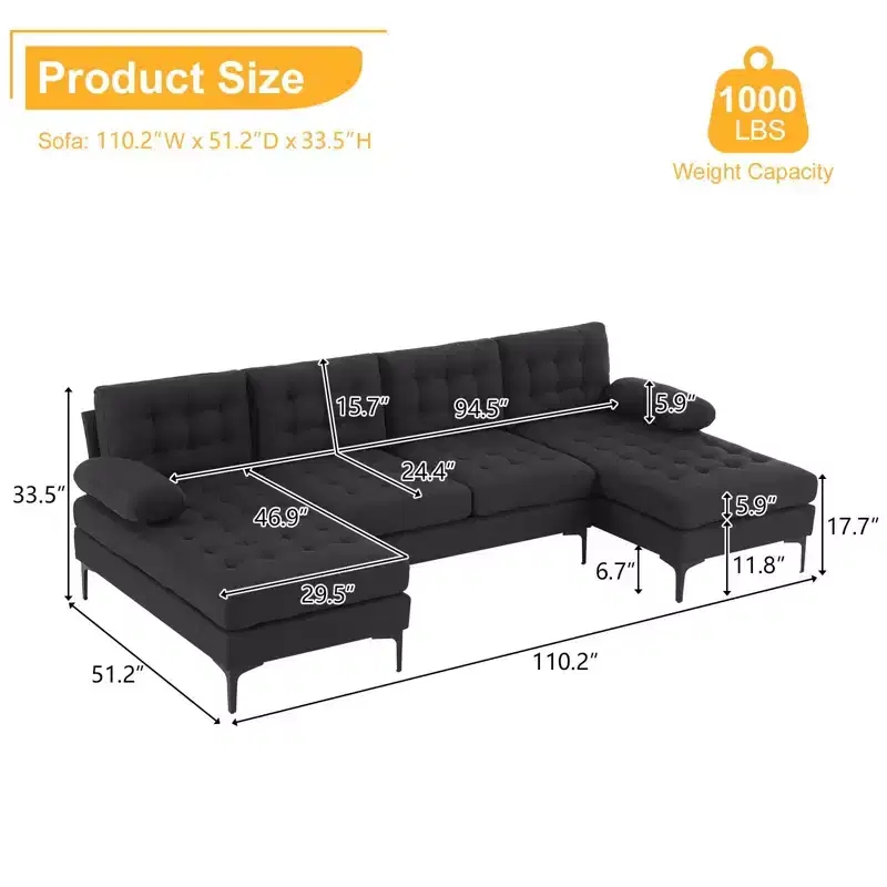 Karl Home |110 in. W Pillow Top Arm Chellie 4-Seat U-shaped Tufed Sofa in Gray