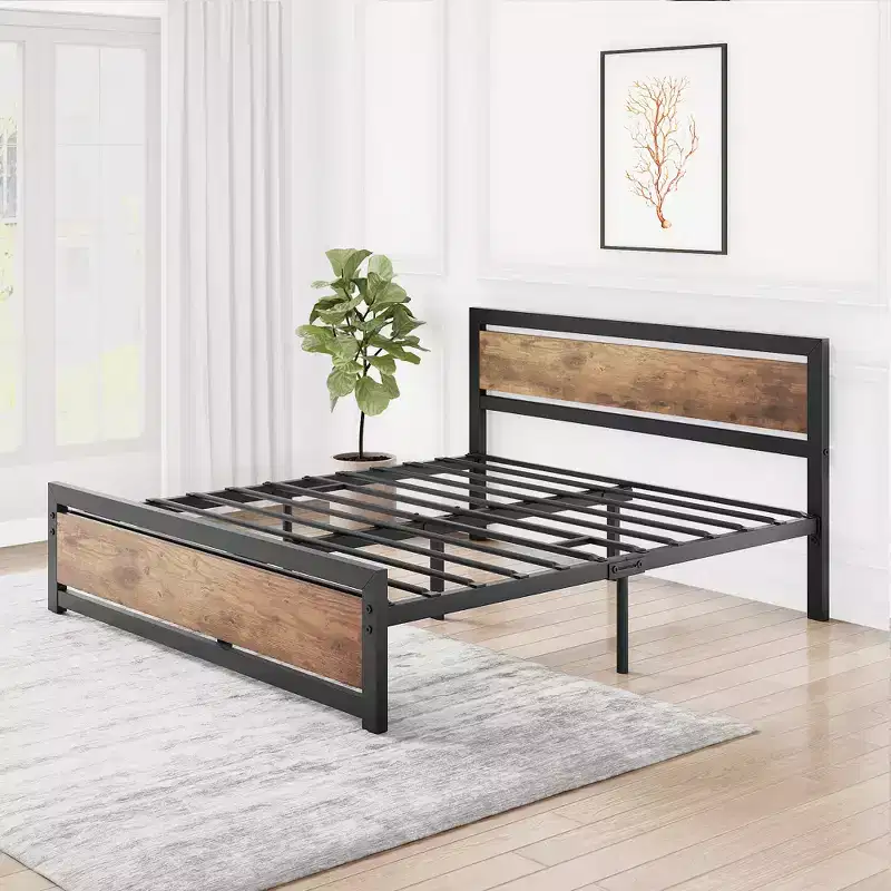 Metal platform queen bed frame with wooden headboard and footboard, non-slip and durable, with ample under-bed storage, no box spring required.