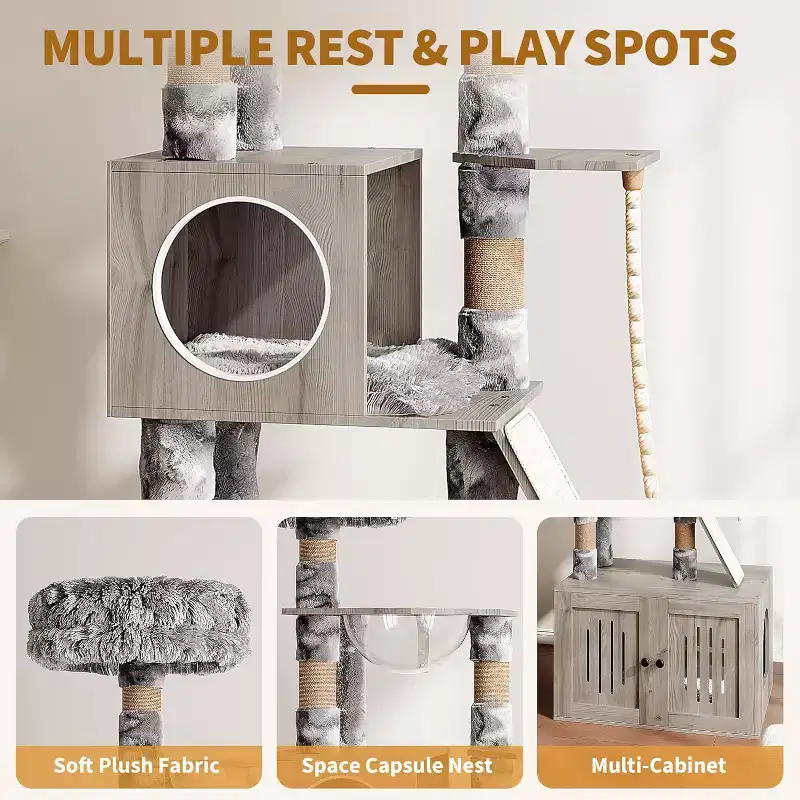 Cat Tree with Litter Box Enclosure, 170cm Tall Wooden Cat Tower with Transparent Capsule & Cozy Hammock, Litter Box Furniture with Scratching Posts
