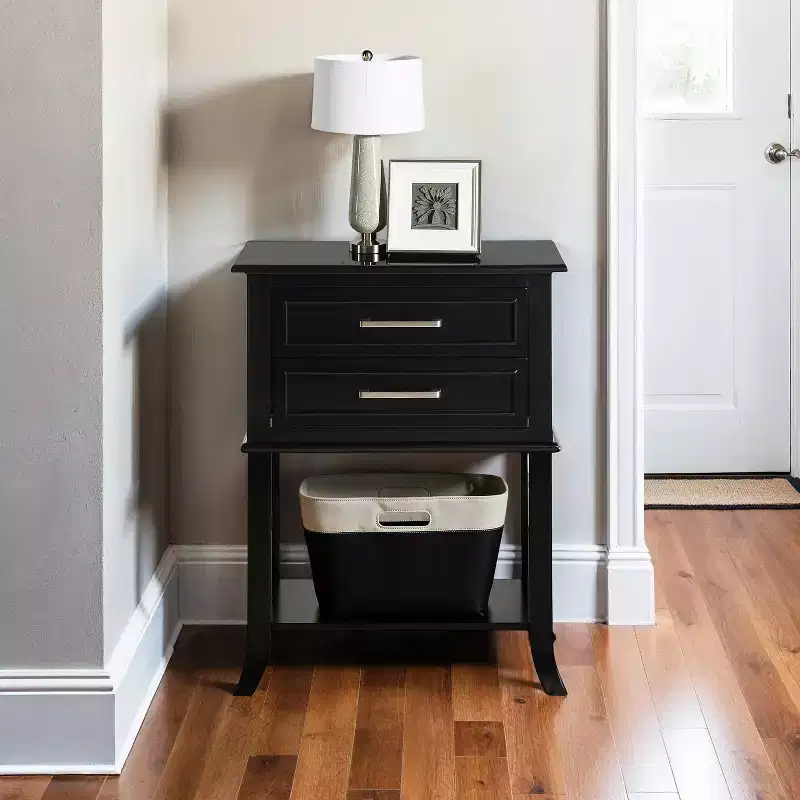HomeStock Belmont 2 Drawer End Table with Shelf Modern Decorative Molded Front Storage Nightstand Solid Wood Flared Leg Accent Table
