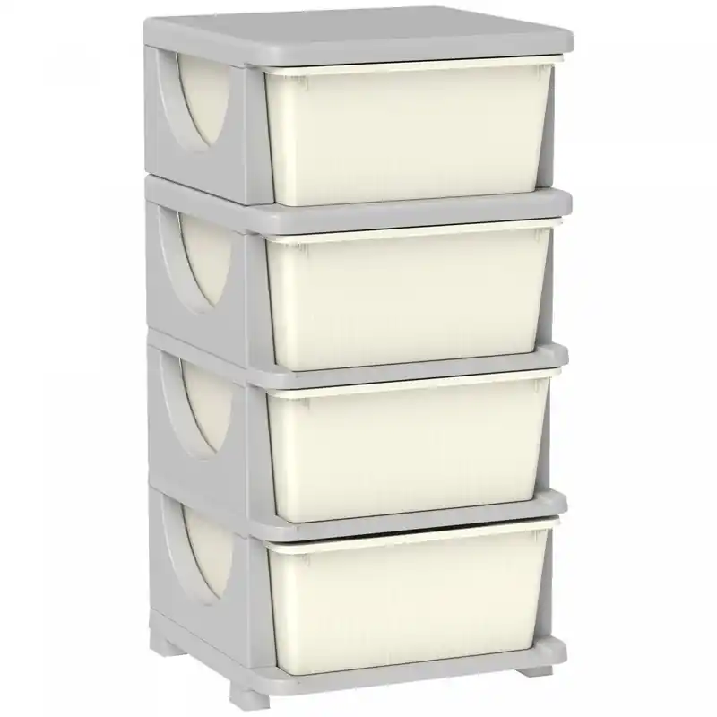 Kids Toy Storage Organizer With 4 Plastic Bins, 4 Tier Drawer Chest For Kids Bedroom Nursery Kindergarten Living Room, Cream White