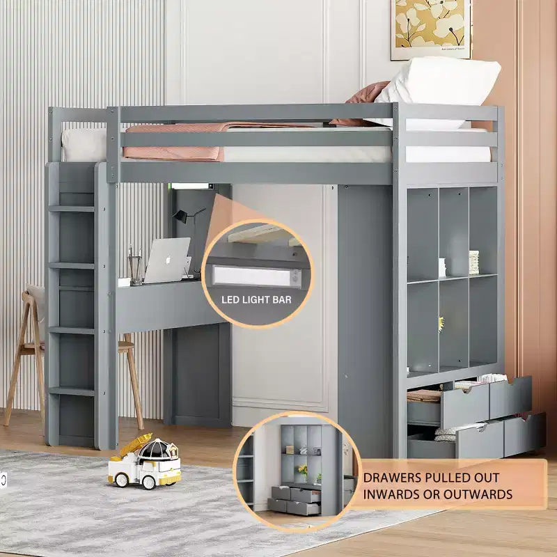 Twin/Full Size Loft Bed with Large Shelves, Writing Desk and LED Light 4A - ModernLuxe