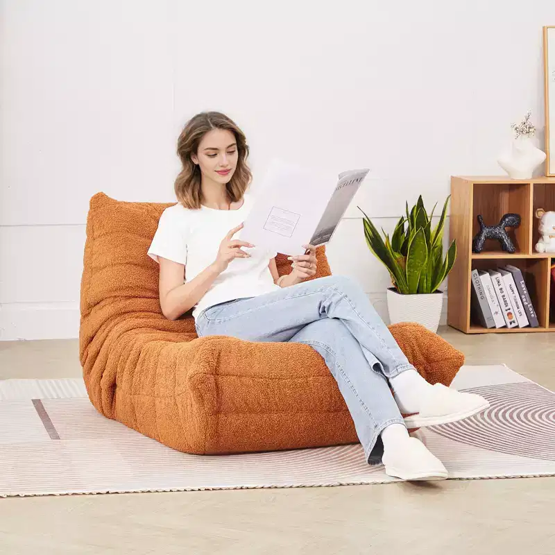 L-Shaped Memory Foam Bean Bag Chair with Storage Pocket - Brown