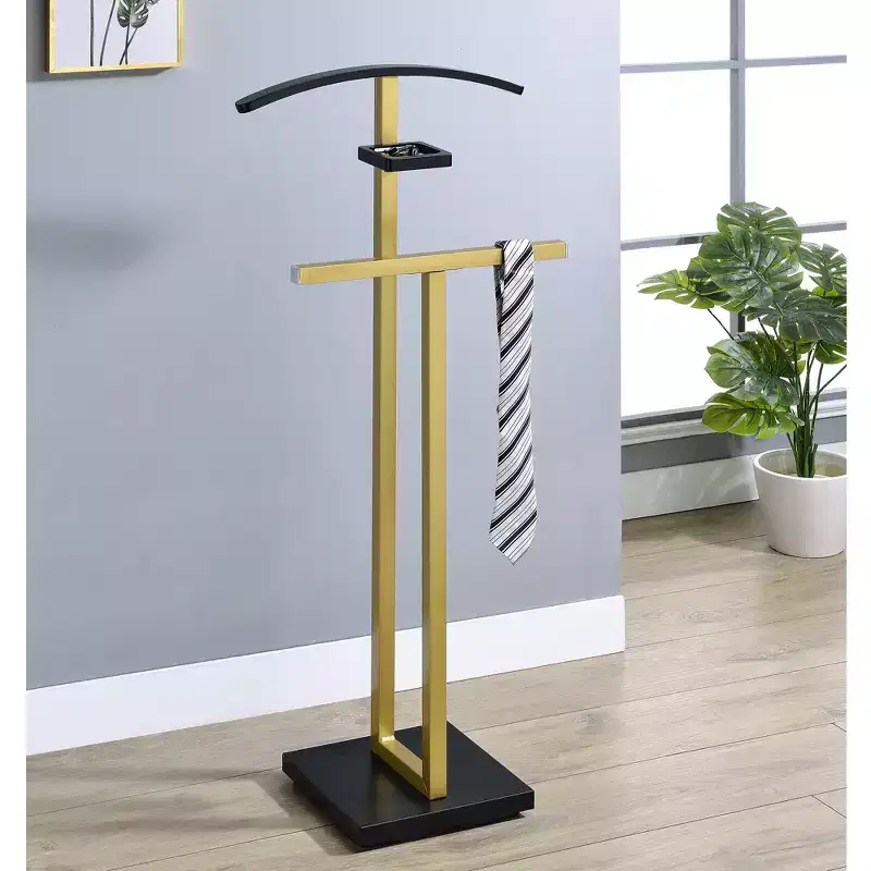 Metal & Wood Suit Valet Stand, Clothes Rack with Accessory Shelf, 45