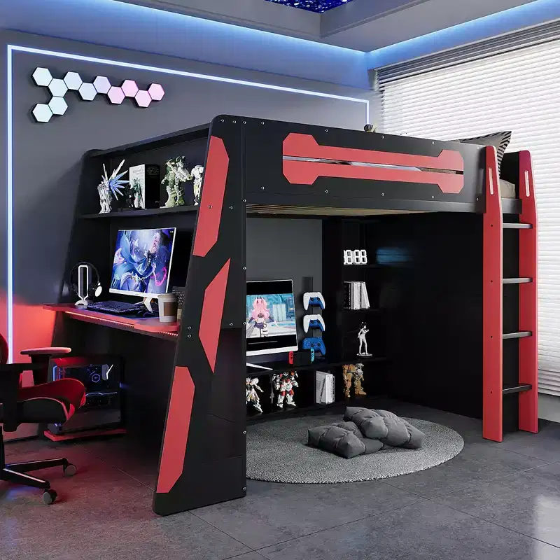 Full Loft Bed with Desk, Storage Shelves, Light & Charging Station, Wood Gaming Bed for Teens & Adults, No Box Spring Needed