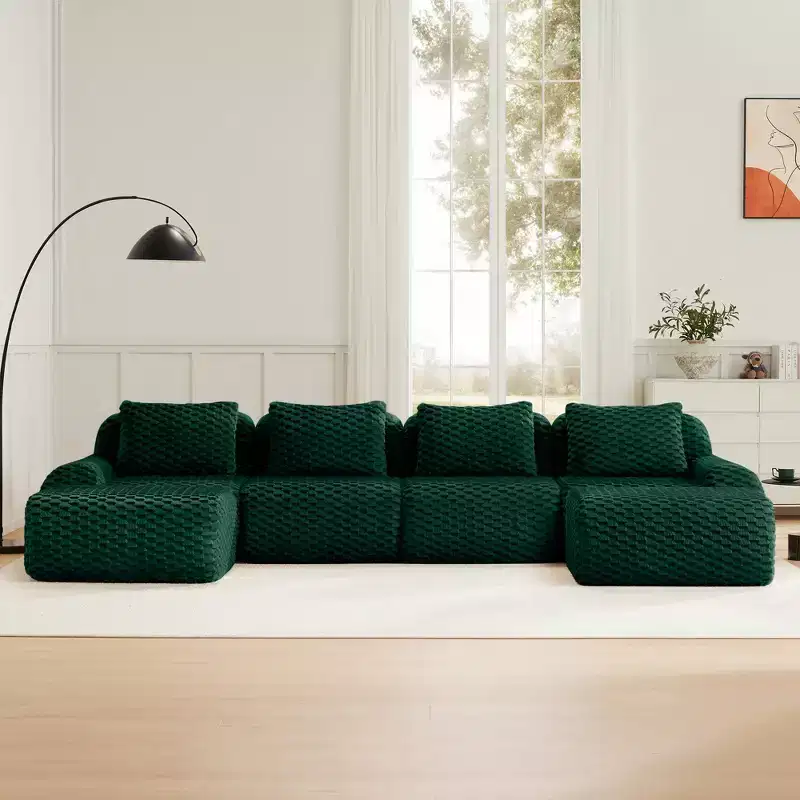 146 U-Shaped Modular Sofa Flannelette 4-Seater Ottoman Buckle No Assembly Green