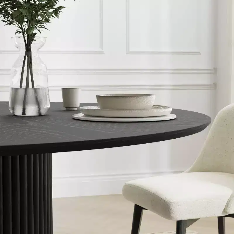 Mid-Century Round Dining Table with Pedestal Base, Seats 4, Black Rubberwood Top, 60 in.