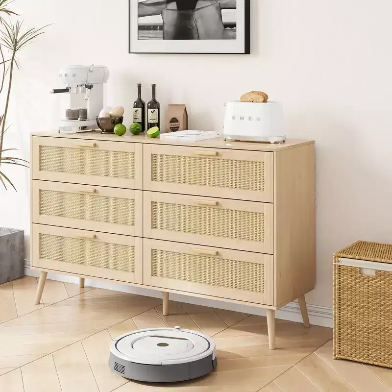 Modern Rattan Dresser for Bedroom with 6 Wide Drawers and Wood Handles, Chest Storage Cabinet Organizer for Living Room Hallway Entryway