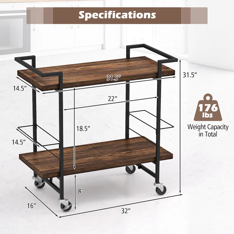 Gymax Home Bar Cart 2-tier Home Bar Cart w/ Lockable Wheels &
