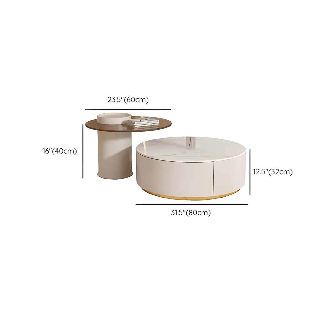 White Modern Round Drum Wood Drawer Coffee Table