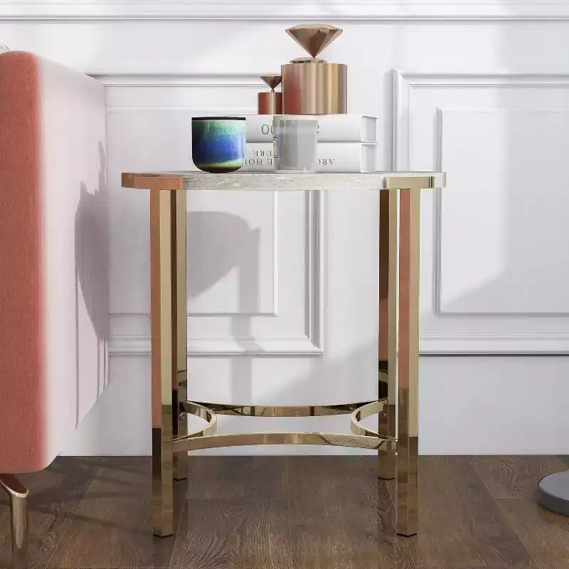 Modern Round End Table – Champagne Gold Legs & Faux Marble Top, 24x24 in