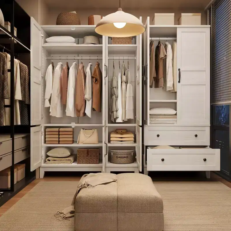 Double-door wardrobe, 72-inch wooden wardrobe with hanging rod, featuring 18 adjustable shelves, ideal for bedroom clothing storage.