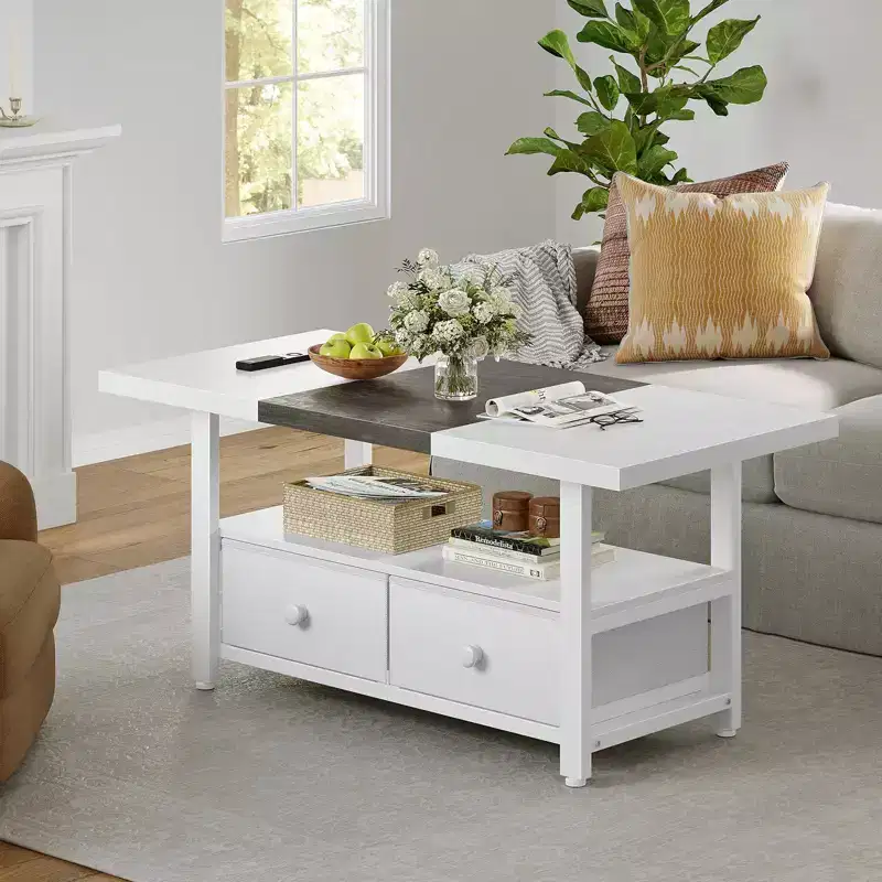 2-Tier Coffee Table with Storage Shelf & 2 Drawers - White, 300 lb Capacity