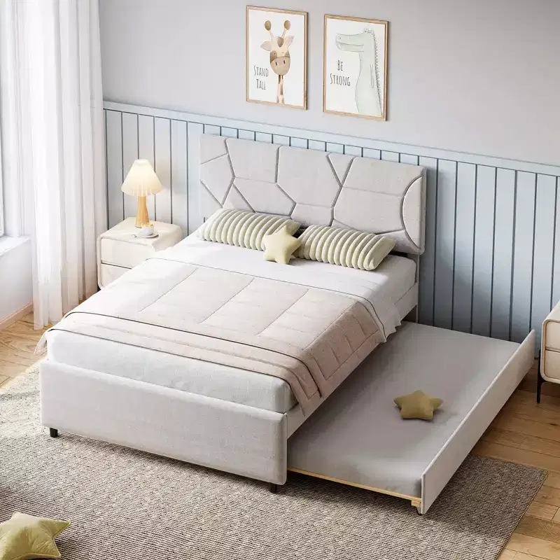 Trundle Bed Twin, Queen Size Upholstered Platform Bed Frame, Pull Out Bed with Headboard, Wood Slat Support, for Bedroom, Living Room, Guest Room