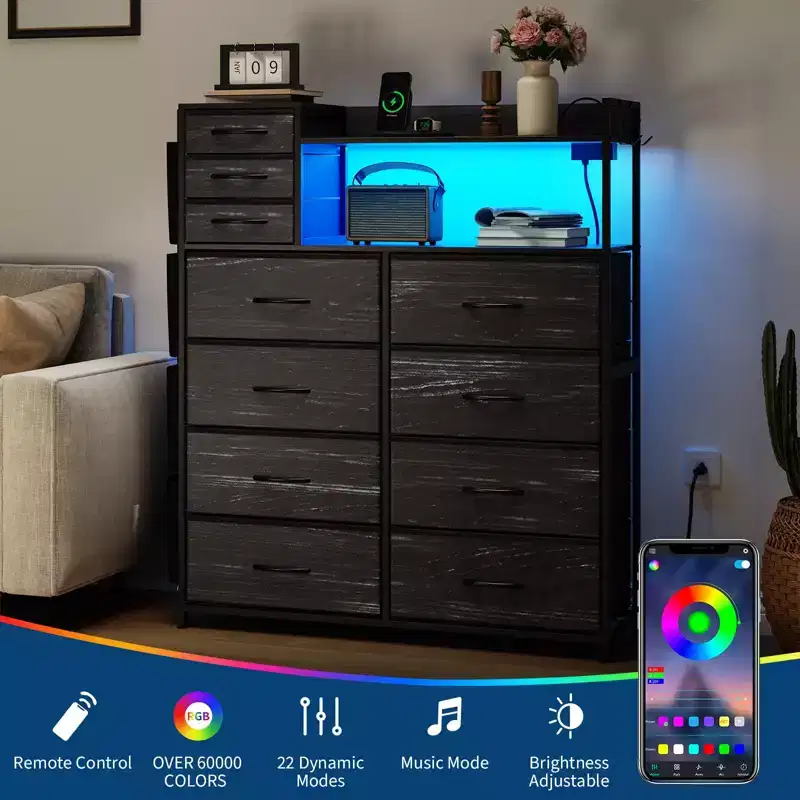 Fabric 11-Drawer Dresser with Charging Station & LED Lights