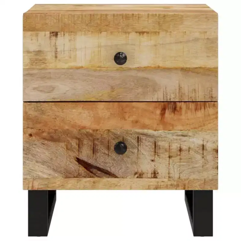 Industrial Solid Mango Wood Bedside Cabinet with 2 Drawers – Black