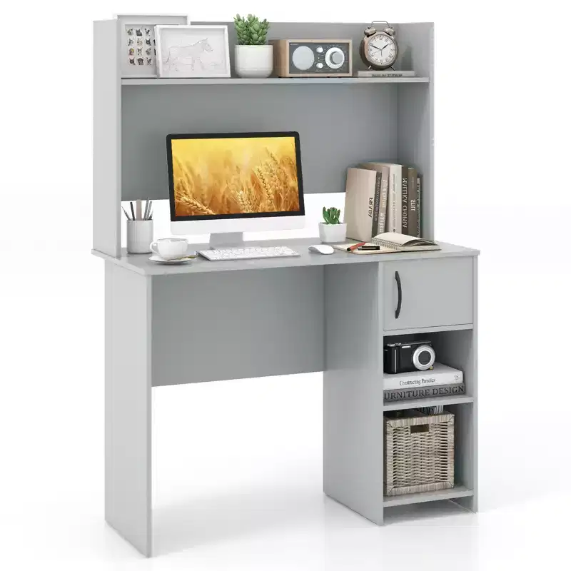Costway Computer Desk w/ Hutch Home Office Desk Adjustable Shelf Modern Writing Table PC Desk with CPU Stand & Door Cabinet 2 Cable Management Holes